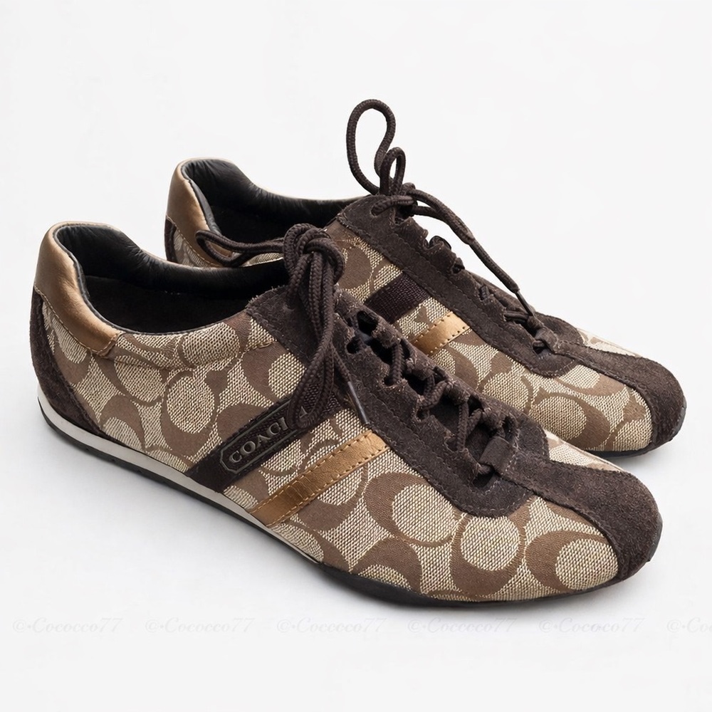 Coach Signature Sneakers Women Brown Khaki Logo Lace Up Casual Shoes 7.5 Y2K